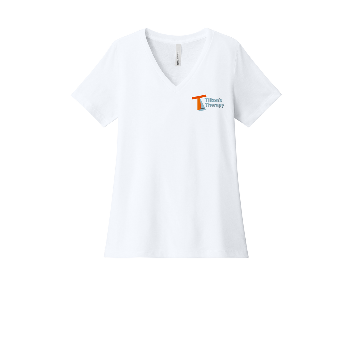tiltonstherapy-womens-relaxed-v-neck-tee-dtf-leftchest-6405CVC-solidwhiteblend-flat-front