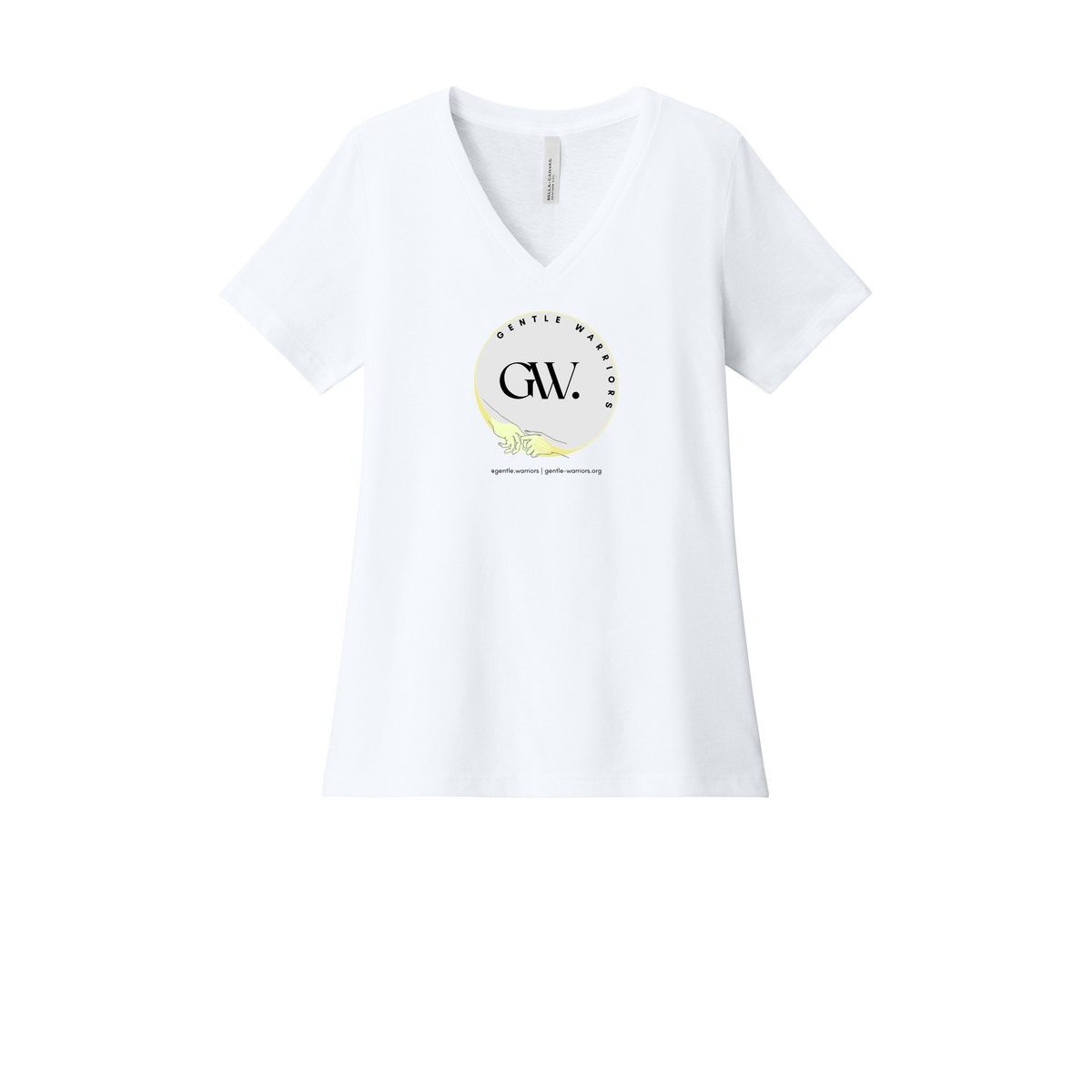 gentle-warriors-womens-relaxed-v-neck-tee-dtf-front-6405CVC-solidwhiteblend-flat-front