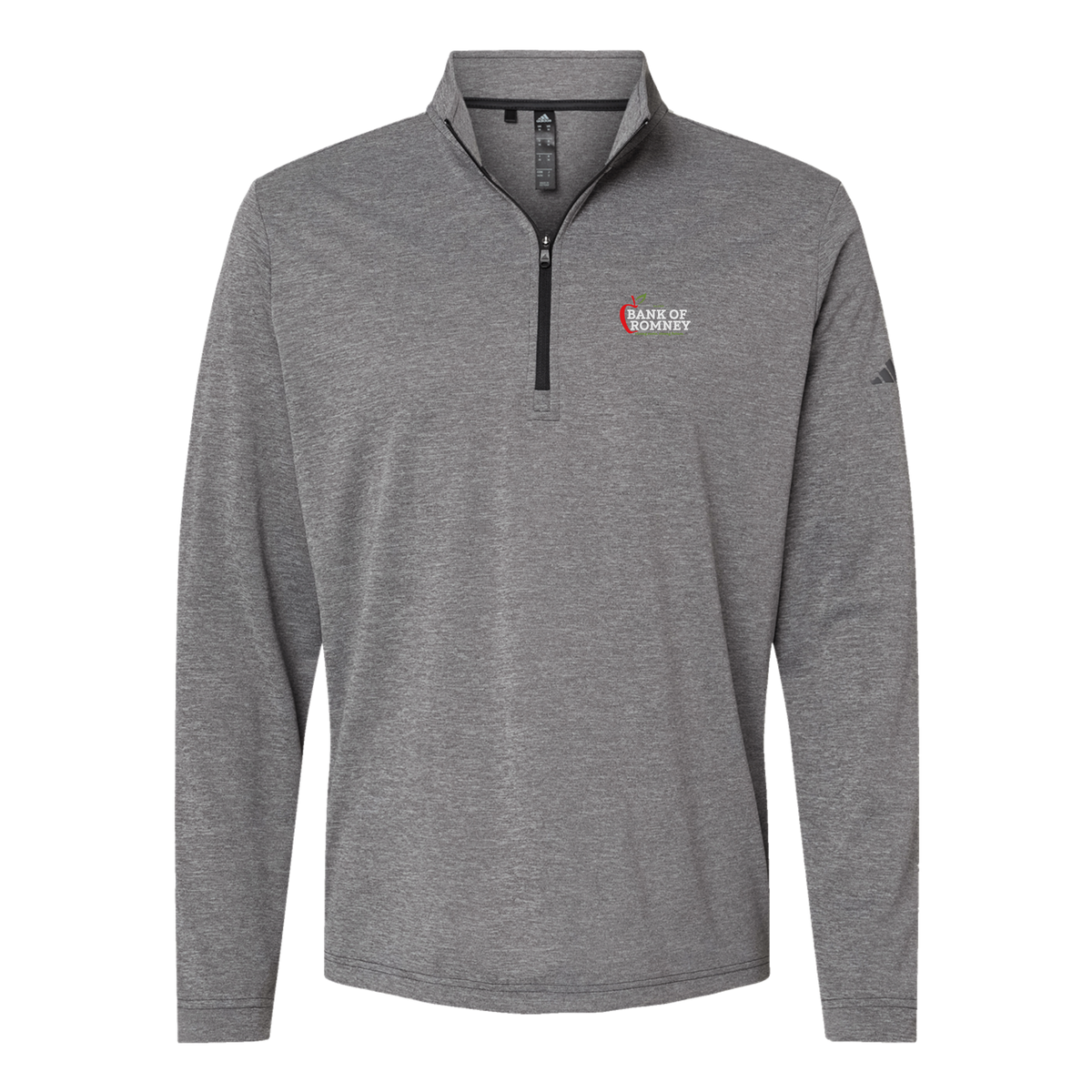 bankofromney-adidas-quarter-zip-embroidery-leftchest-A401-blackheather-flat-front