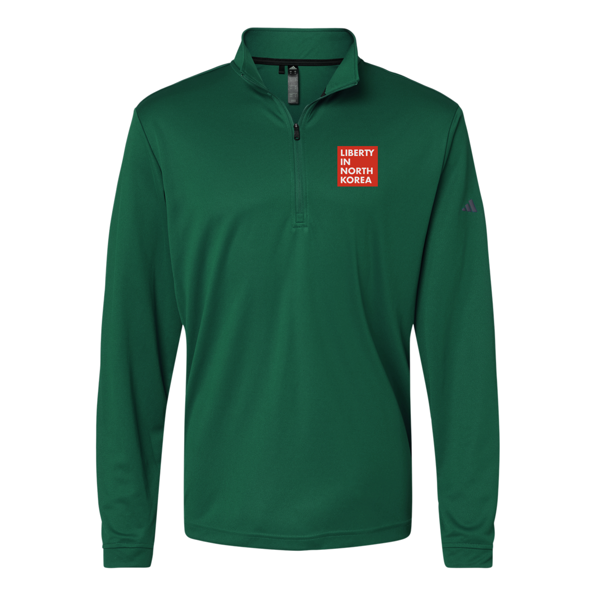 libertyinnorthkorea-adidas-quarter-zip-embroidery-leftchest-A401-collegiategreen-flat-front