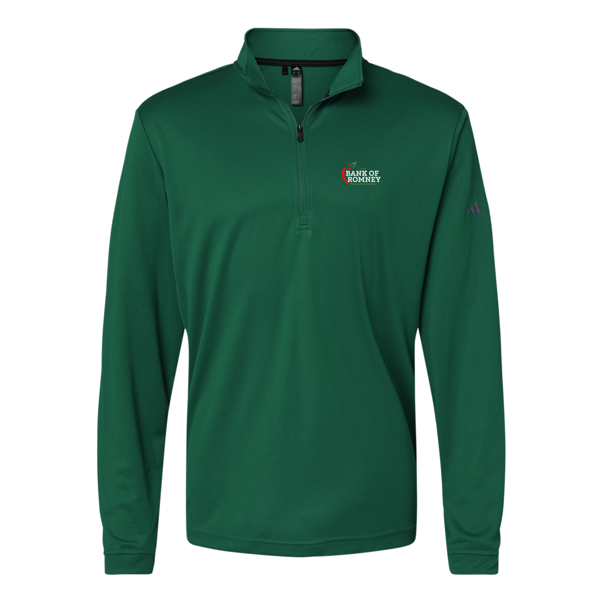 bankofromney-adidas-quarter-zip-embroidery-leftchest-A401-collegiategreen-flat-front