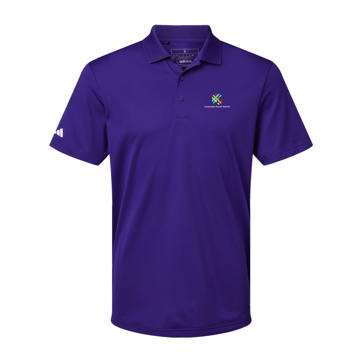 crossroadsschoolskc-adidas-mens-sport-polo-shirt-embroidery-leftchest-A430-collegiatepurple-flat-front