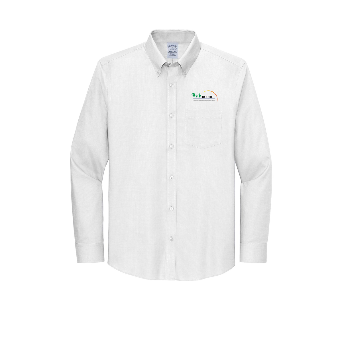 rcchc-brooks-brothers-wrinkle-free-stretch-nailhead-shirt-embroidery-leftchest-BB18002-white-flat-front