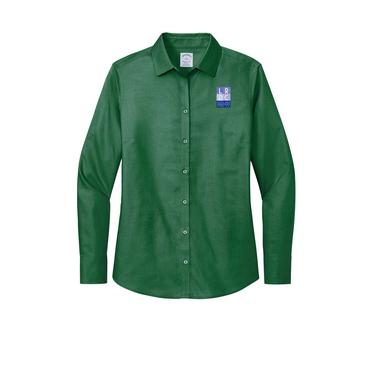 littlerockdermatology-brooks-brothers-womens-wrinkle-free-stretch-nailhead-shirt-embroidery-leftchest-BB18003-clubgreen-flat-front