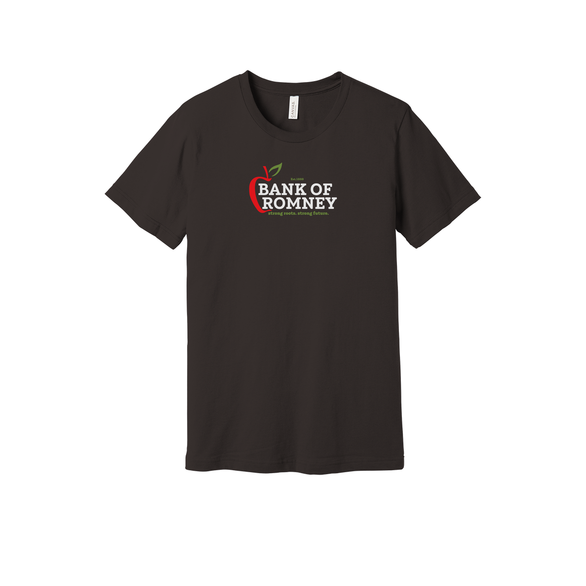 bankofromney-everyday-essentials-short-sleeve-tee-dtf-front-BC3001-brown-flat-front