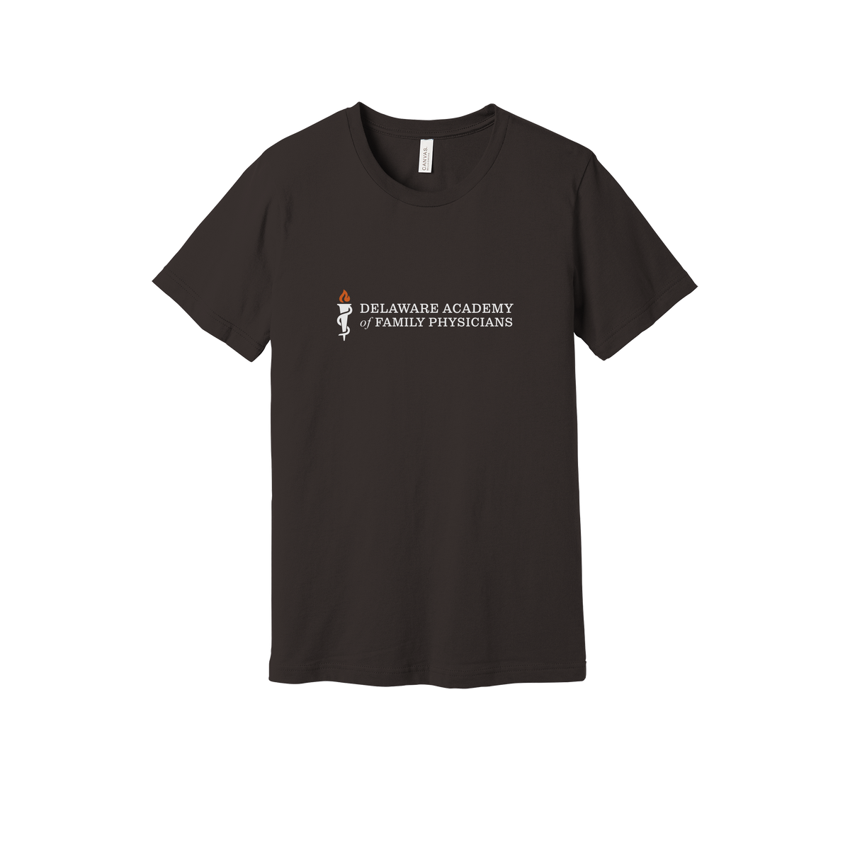 delfamdoc-everyday-essentials-clinic-short-sleeve-tee-dtf-front-BC3001-brown-flat-front