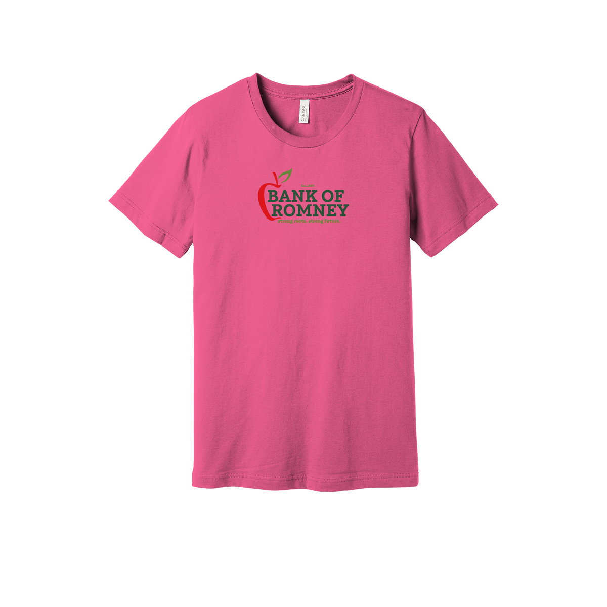 bankofromney-everyday-essentials-short-sleeve-tee-dtf-front-BC3001-charitypink-flat-front