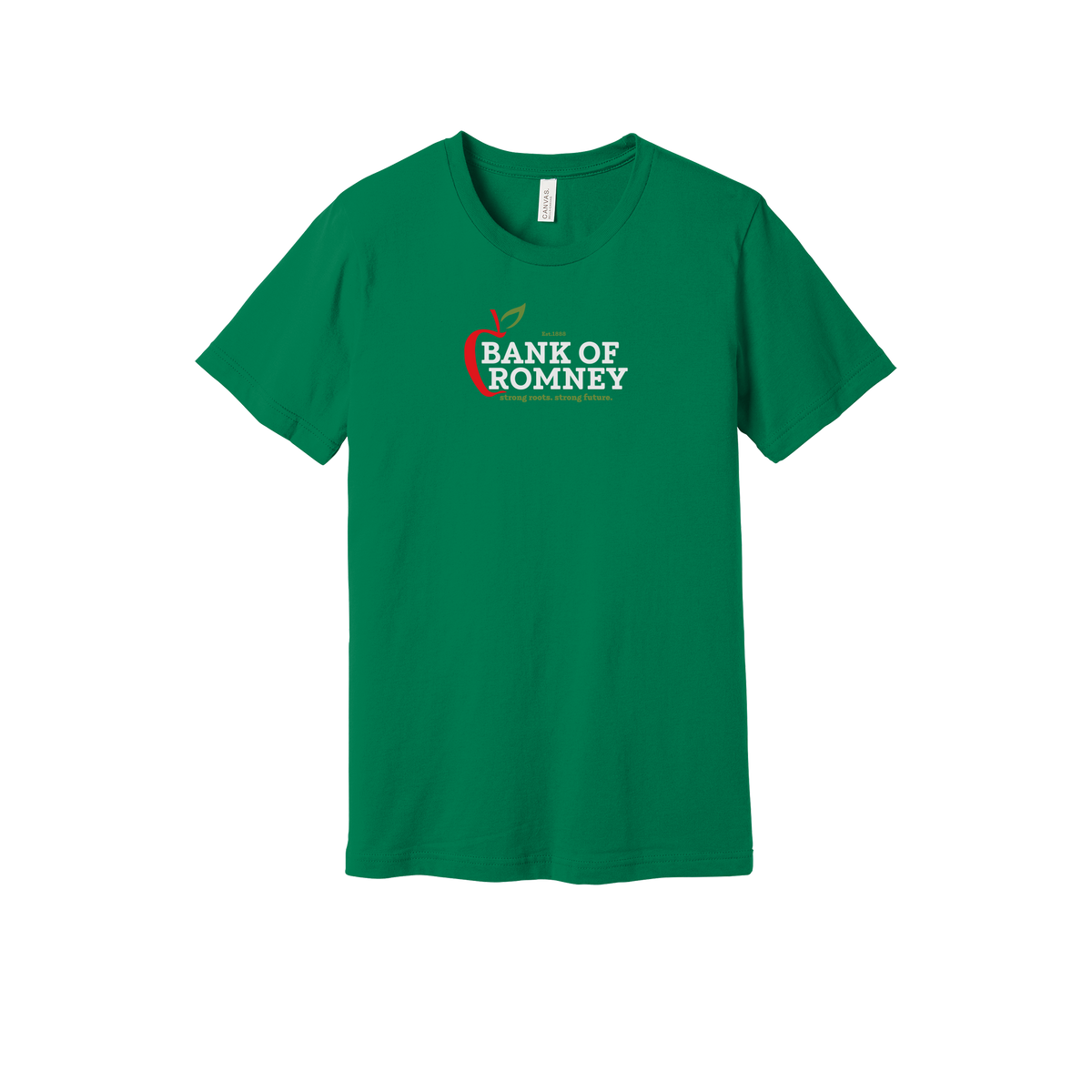 bankofromney-everyday-essentials-short-sleeve-tee-dtf-front-BC3001-kelly-flat-front