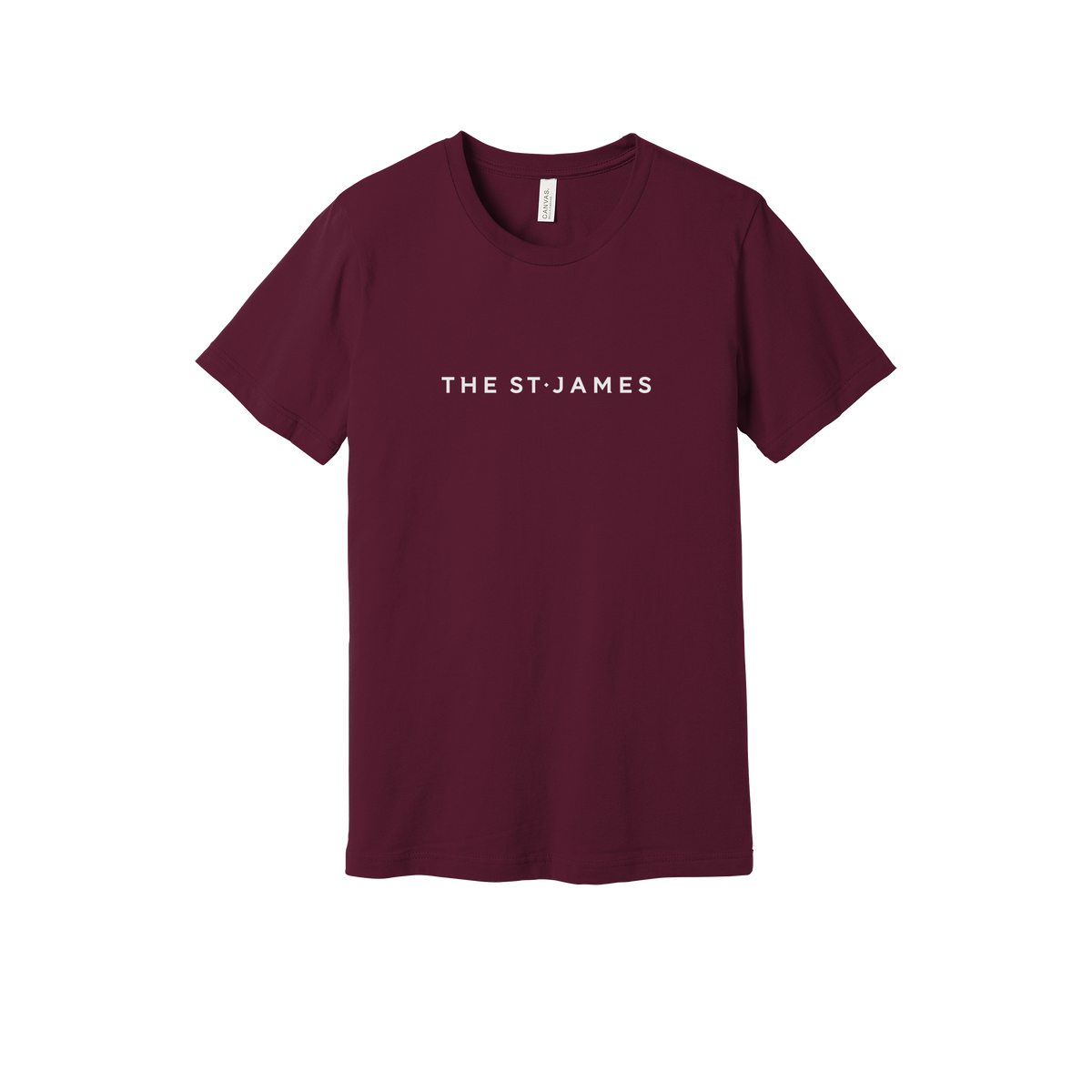 thestjames-everyday-essentials-short-sleeve-tee-dtf-front-BC3001-maroon-flat-front