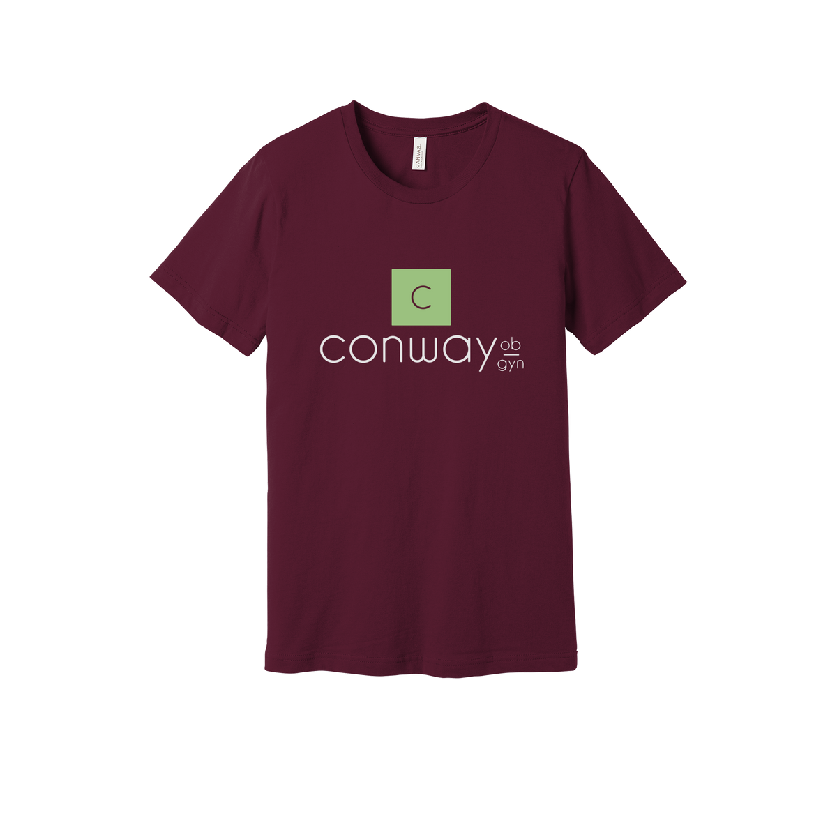 conwayobgyn-everyday-essentials-clinic-short-sleeve-tee-dtf-front-BC3001-maroon-flat-front