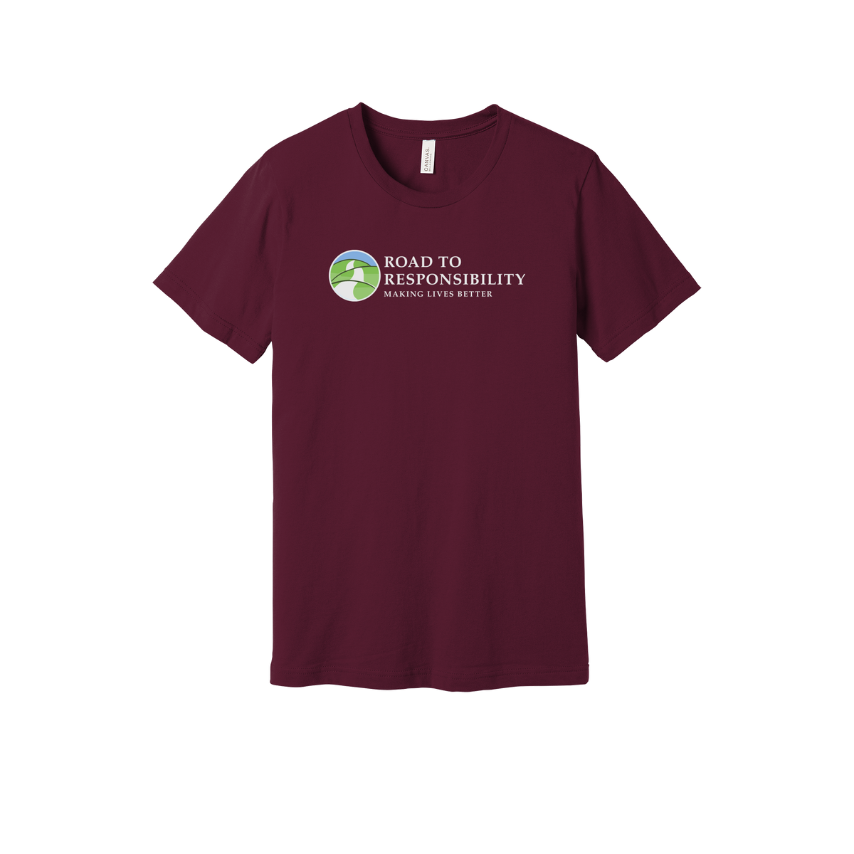 roadtoresponsibility-everyday-essentials-short-sleeve-tee-dtf-front-BC3001-maroon-flat-front