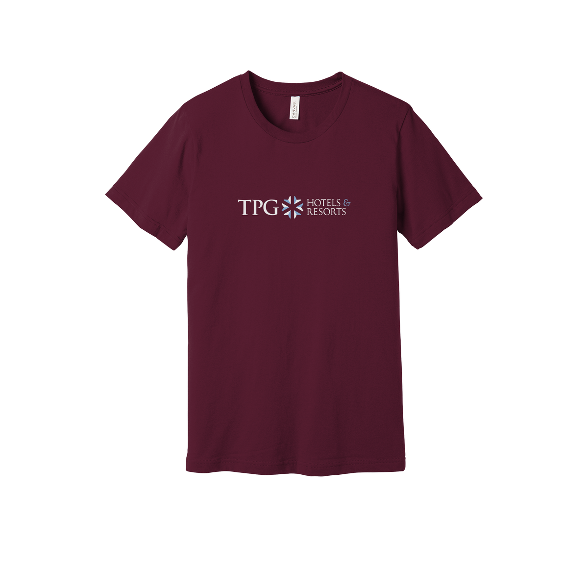tpghotelsandresorts-everyday-essentials-short-sleeve-tee-dtf-front-BC3001-maroon-flat-front