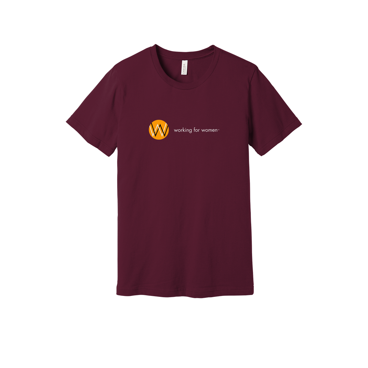 workingforwomen-everyday-essentials-short-sleeve-tee-dtf-front-BC3001-maroon-flat-front