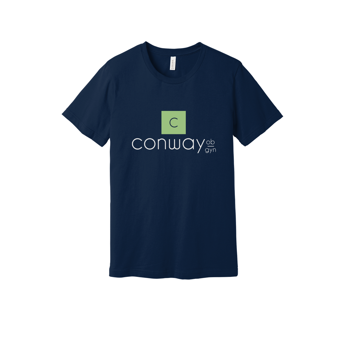 conwayobgyn-everyday-essentials-clinic-short-sleeve-tee-dtf-front-BC3001-navy-flat-front
