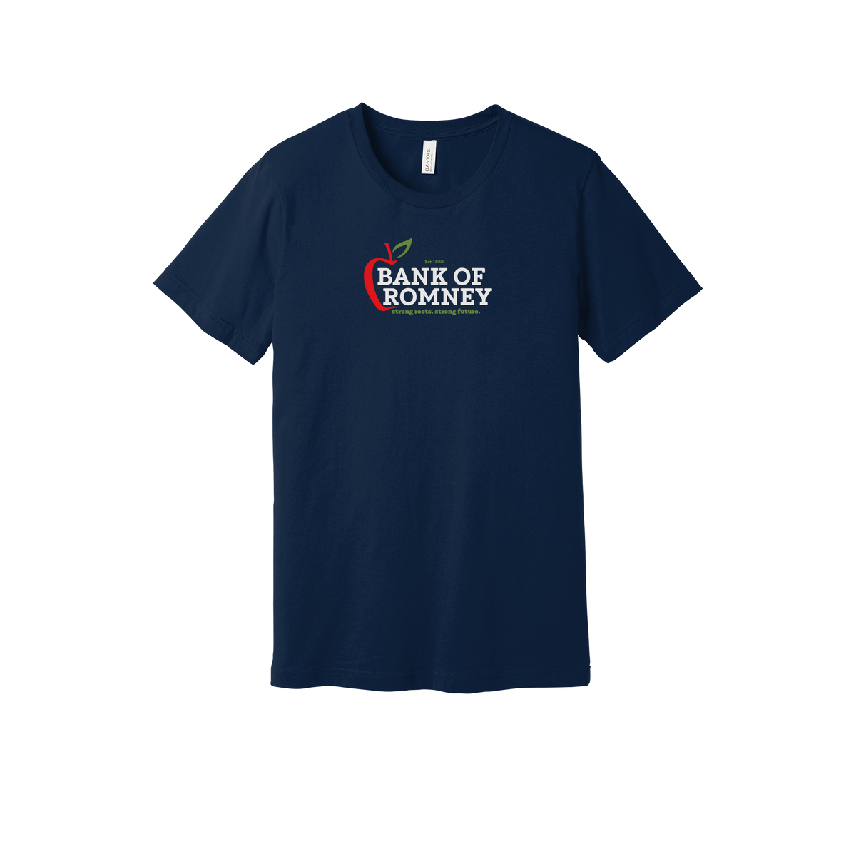 bankofromney-everyday-essentials-short-sleeve-tee-dtf-front-BC3001-navy-flat-front