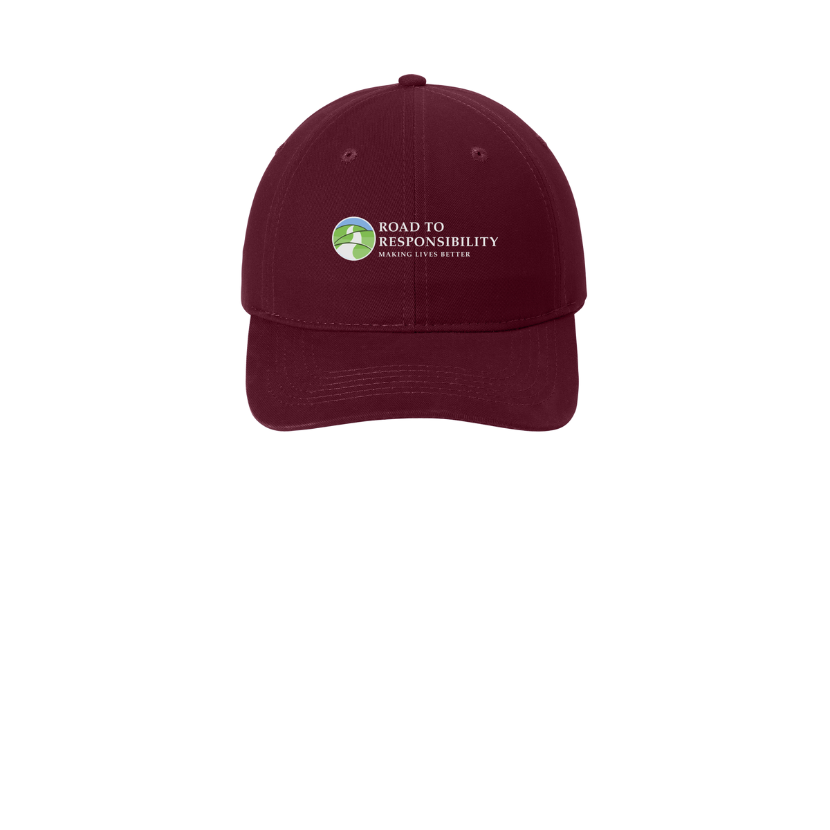 roadtoresponsibility-low-profile-dad-cap-embroidery-capfront-CP77-maroon-flat-front