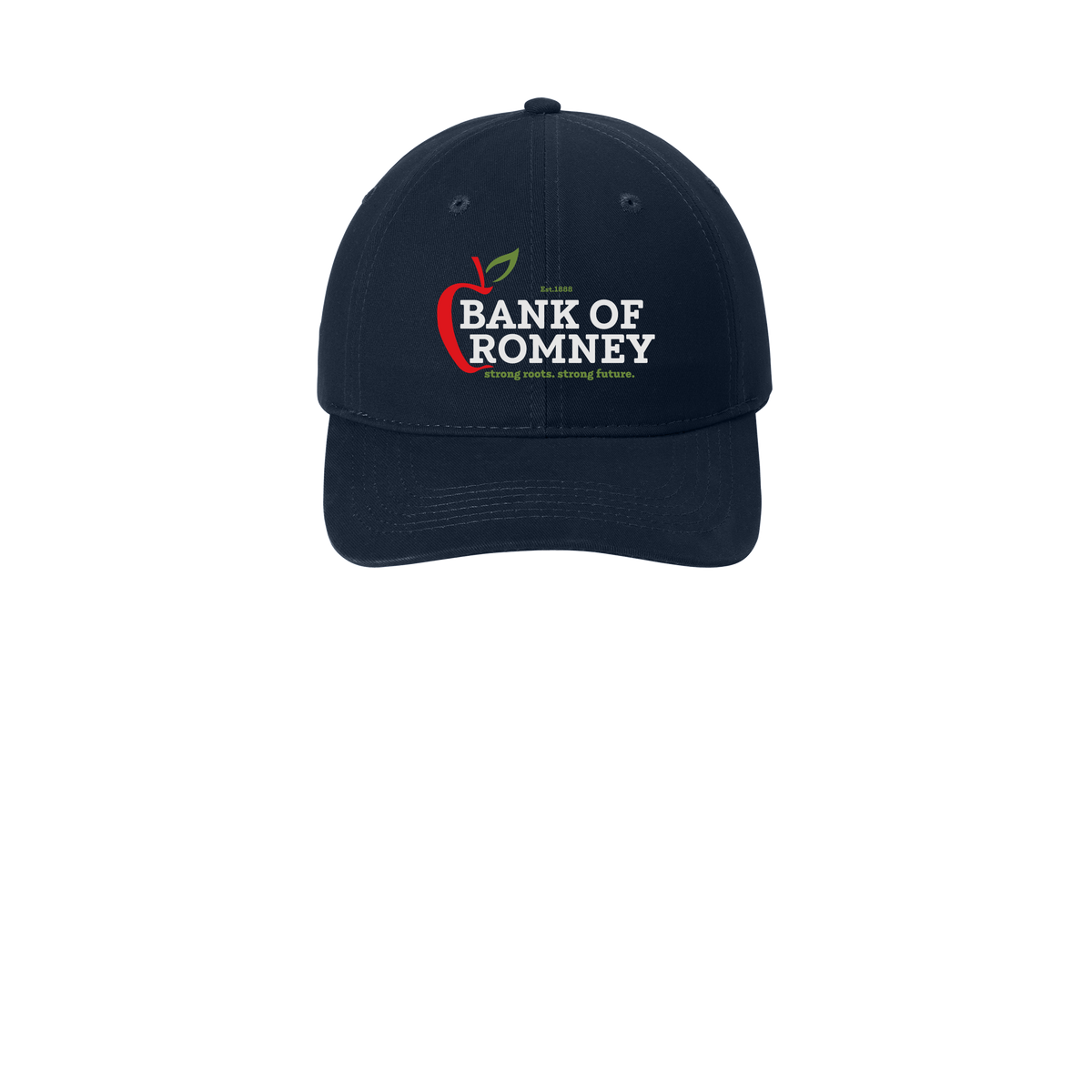 bankofromney-low-profile-dad-cap-embroidery-capfront-CP77-navy-flat-front