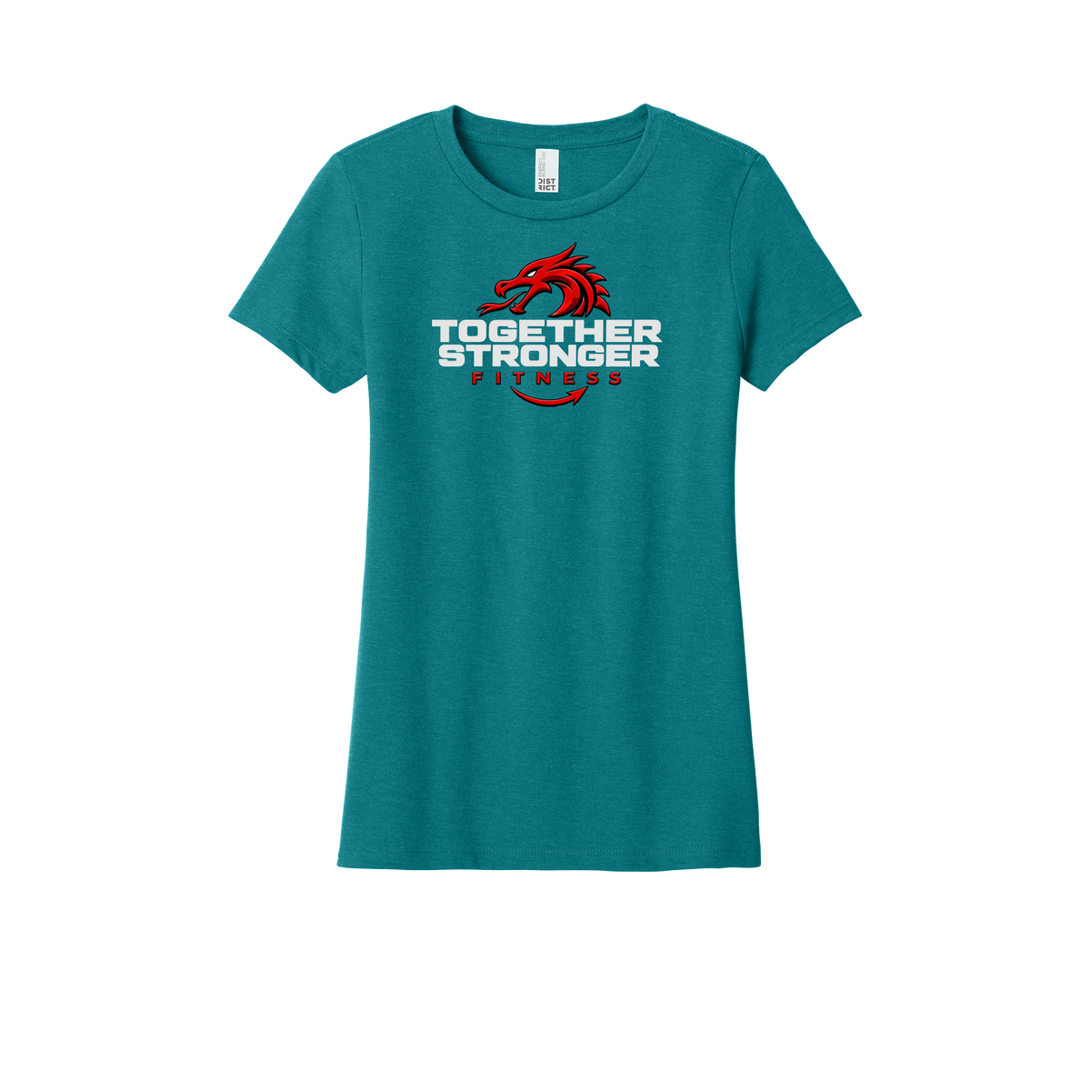togetherstrongerfitness-district-womens-perfect-blend-tee-dtf-front-DM108L-heatheredteal-flat-front