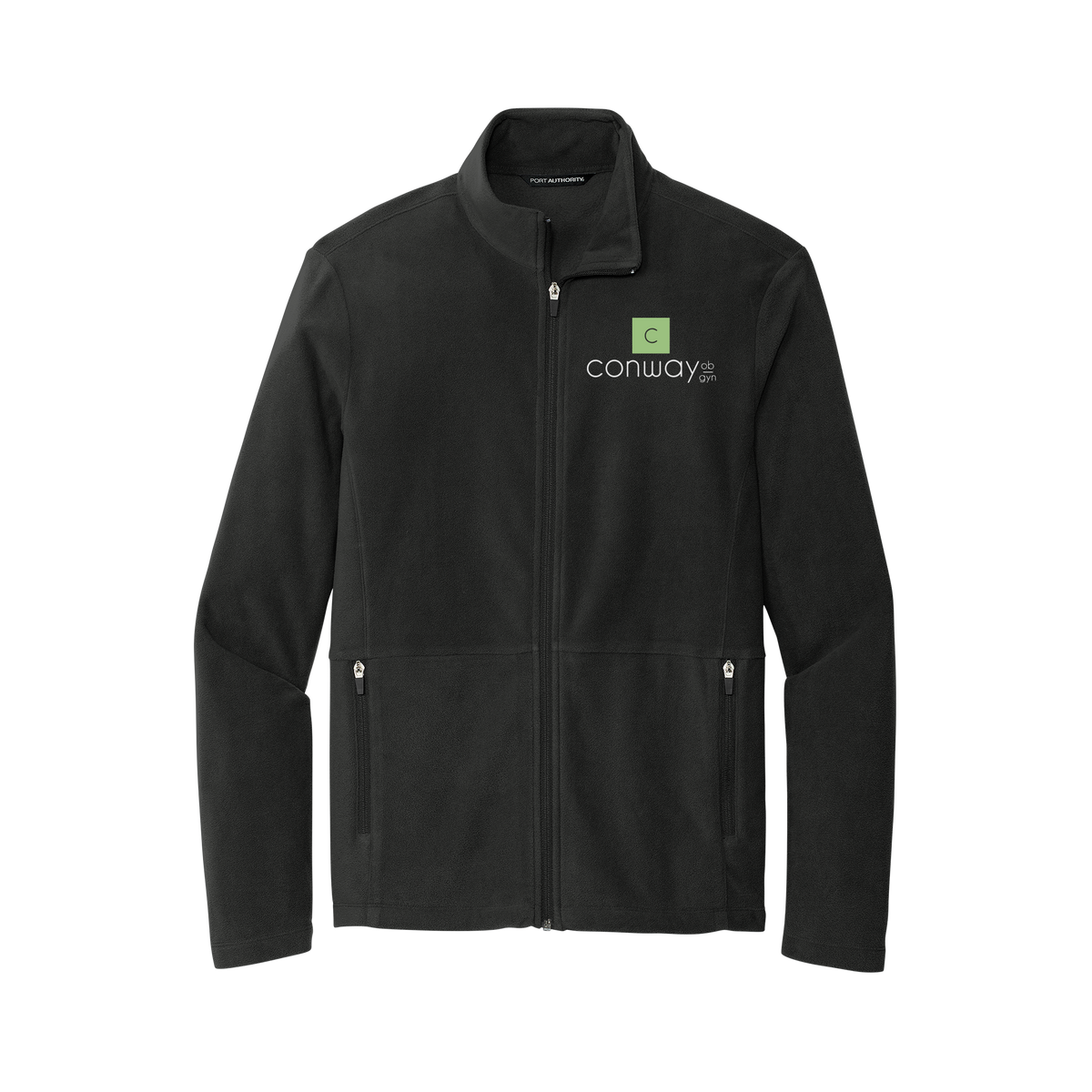 conwayobgyn-mens-pro-microfleece-jacket-embroidery-leftchest-F151-black-flat-front
