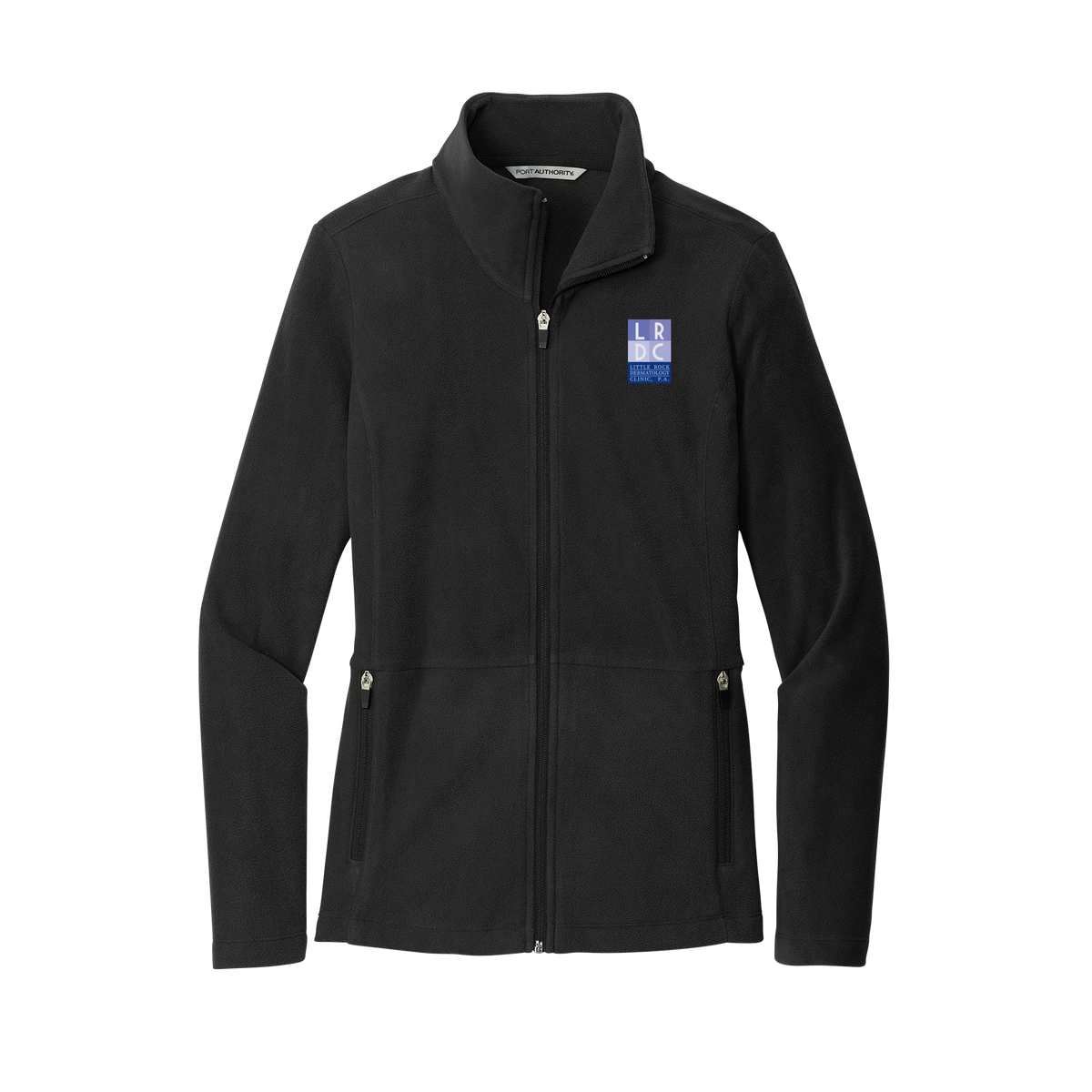 littlerockdermatology-womens-pro-microfleece-jacket-embroidery-leftchest-L151-black-flat-front