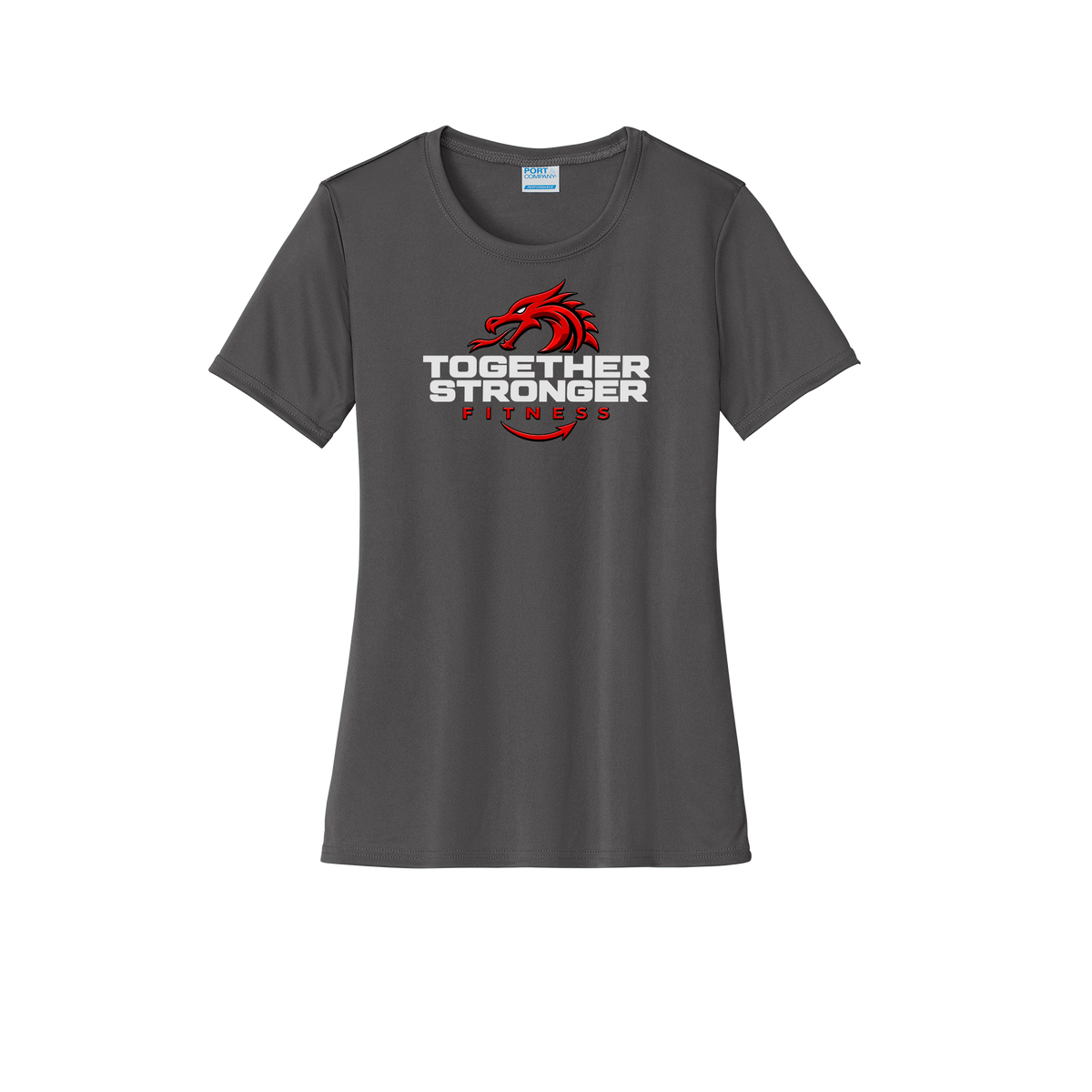 togetherstrongerfitness-port-and-co-womens-performance-tee-dtf-front-LPC380-charcoal-flat-front
