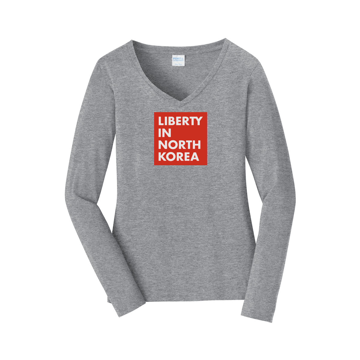 libertyinnorthkorea-womens-long-sleeve-v-neck-dtf-front-LPC450VLS-athleticheather-flat-front