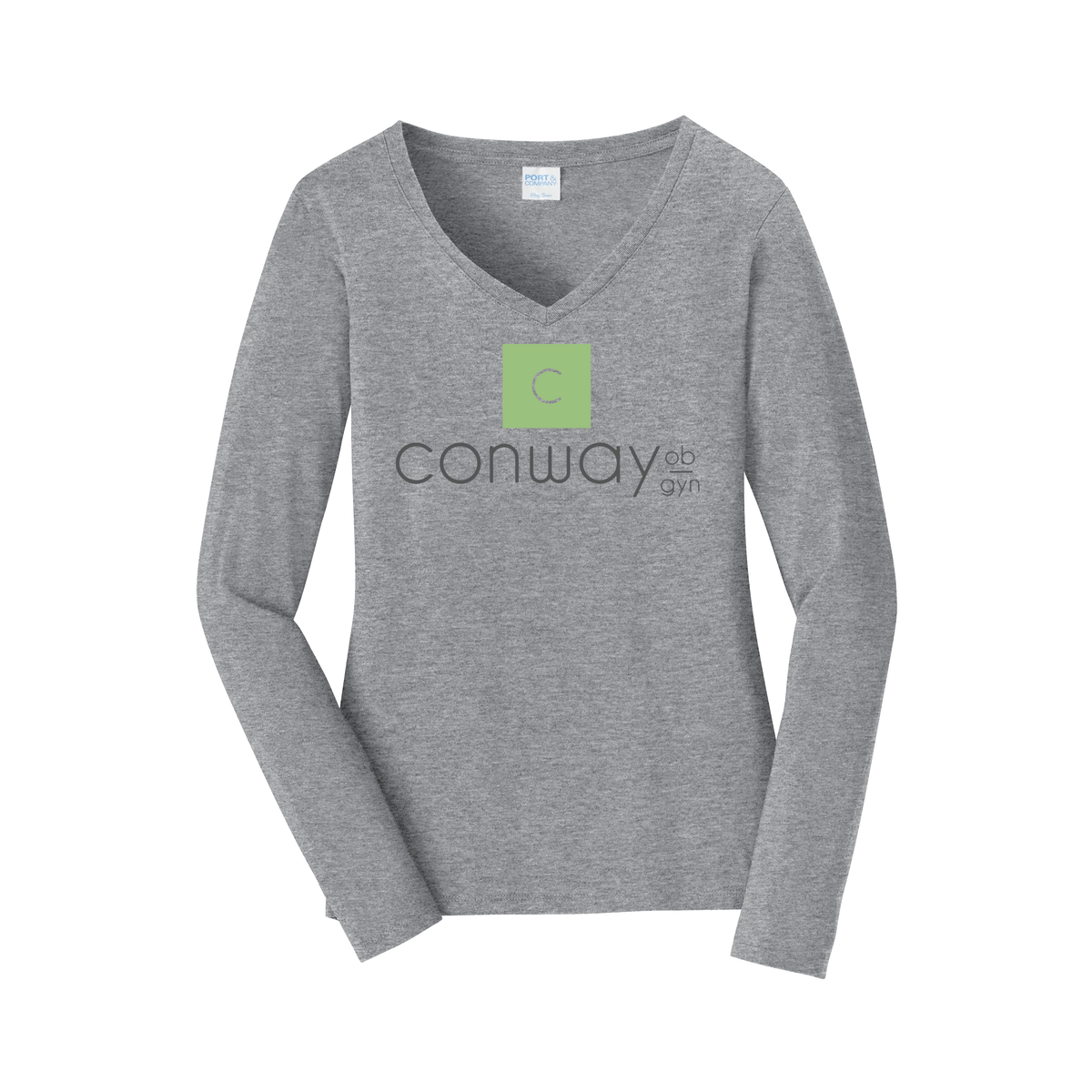 conwayobgyn-womens-long-sleeve-v-neck-dtf-front-LPC450VLS-athleticheather-flat-front
