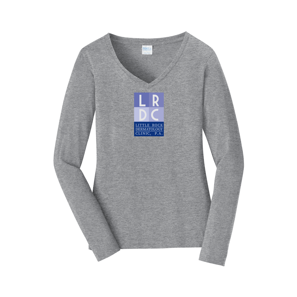 littlerockdermatology-womens-long-sleeve-v-neck-dtf-front-LPC450VLS-athleticheather-flat-front