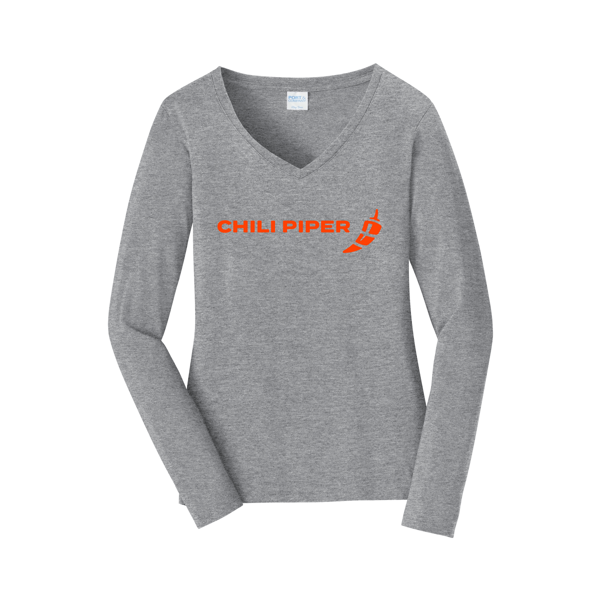 chilipiper-womens-long-sleeve-v-neck-dtf-front-LPC450VLS-athleticheather-flat-front