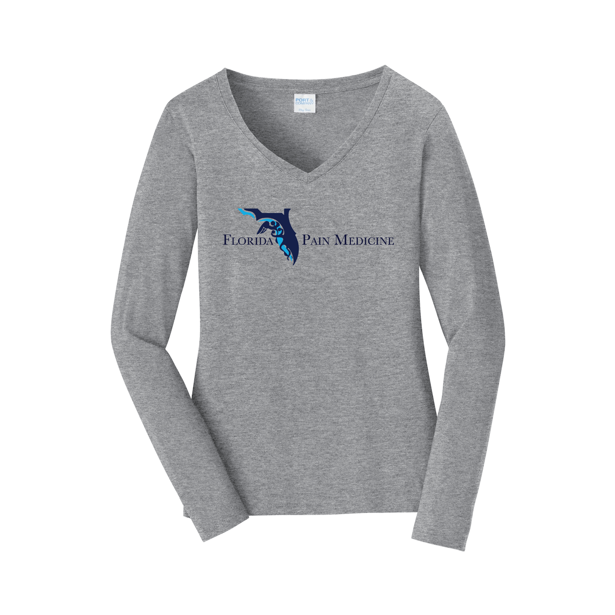 floridapainmedicine-womens-long-sleeve-v-neck-dtf-front-LPC450VLS-athleticheather-flat-front
