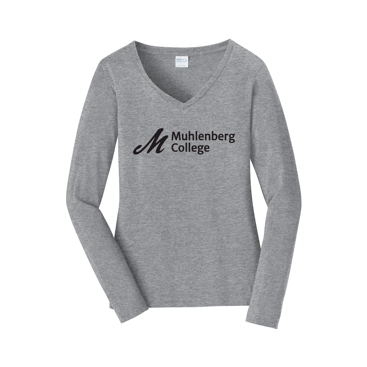 muhlenberg-womens-long-sleeve-v-neck-dtf-front-LPC450VLS-athleticheather-flat-front