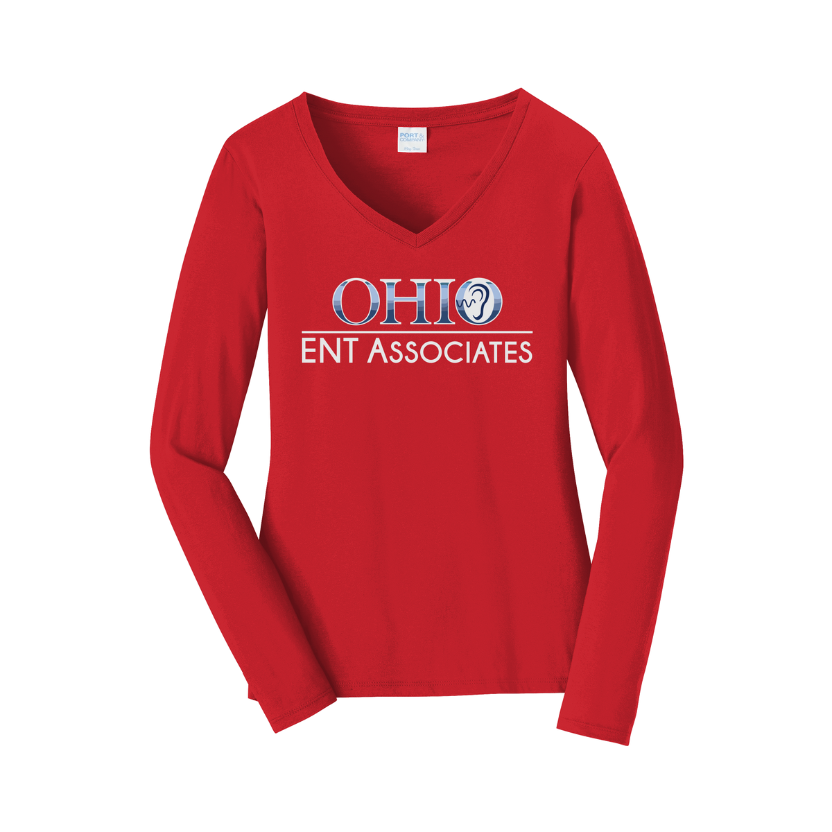 ohioentaudiology-womens-long-sleeve-v-neck-dtf-front-LPC450VLS-brightred-flat-front