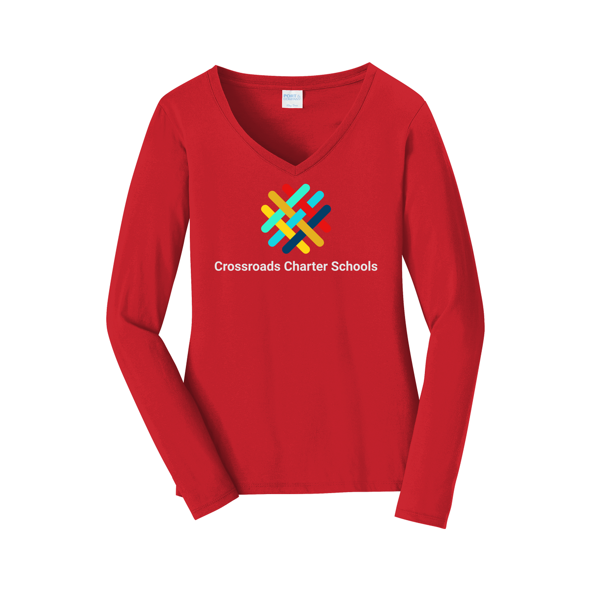 crossroadsschoolskc-womens-long-sleeve-v-neck-dtf-front-LPC450VLS-brightred-flat-front