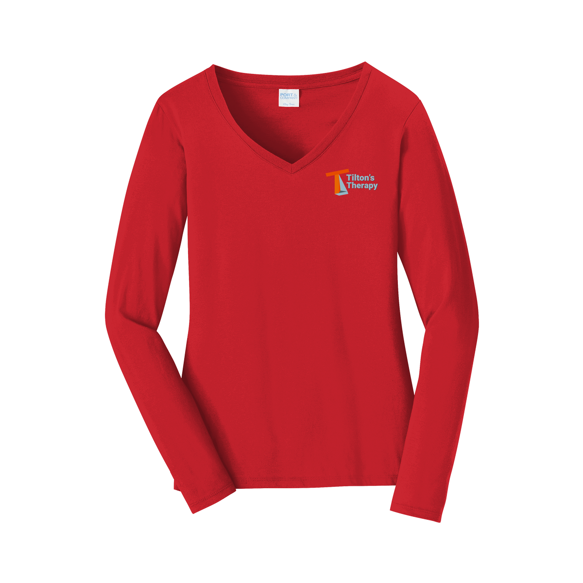 tiltonstherapy-womens-long-sleeve-v-neck-dtf-leftchest-LPC450VLS-brightred-flat-front