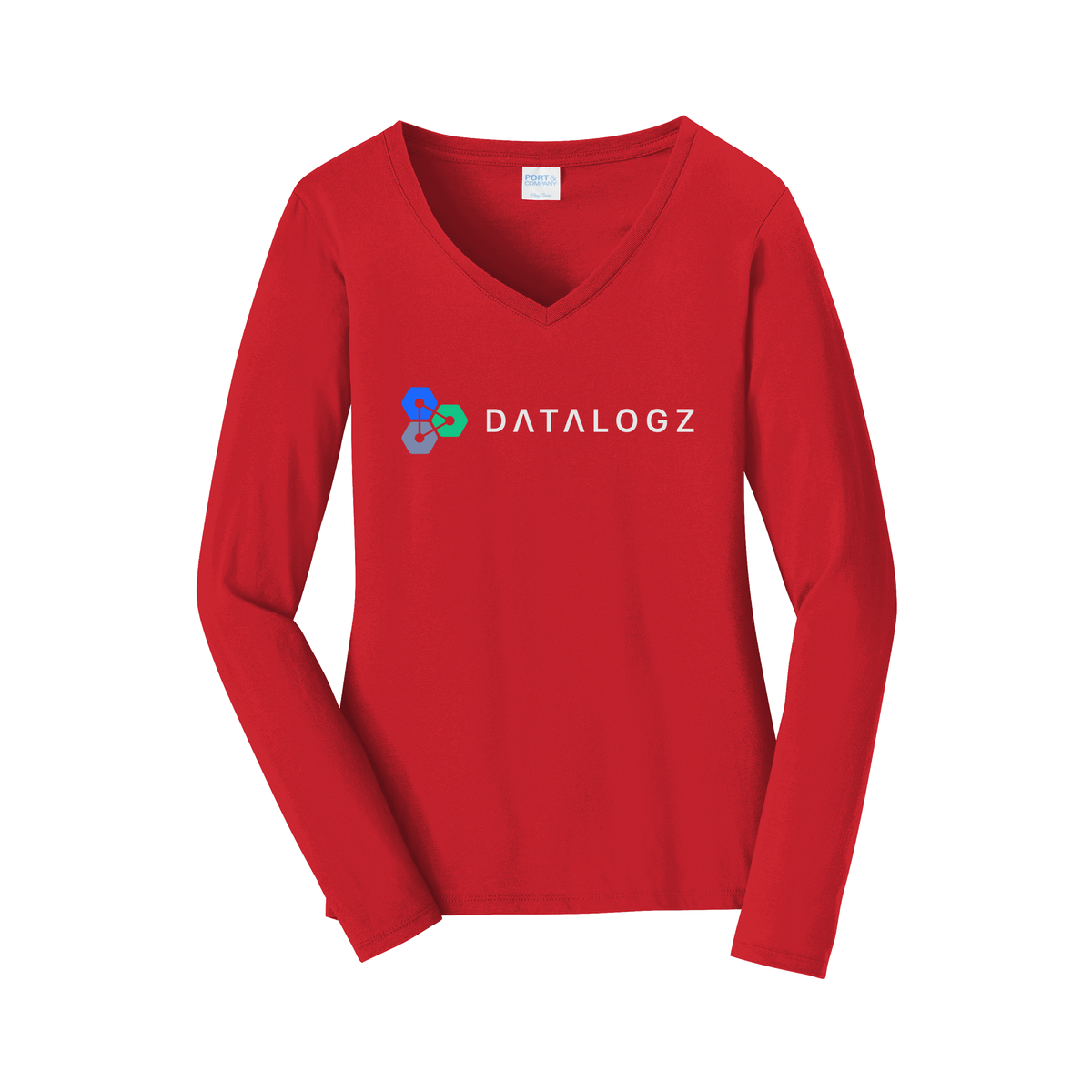 datalogz-womens-long-sleeve-v-neck-dtf-front-LPC450VLS-brightred-flat-front