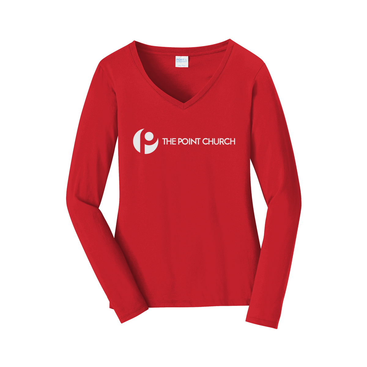 thepointva-womens-long-sleeve-v-neck-dtf-front-LPC450VLS-brightred-flat-front