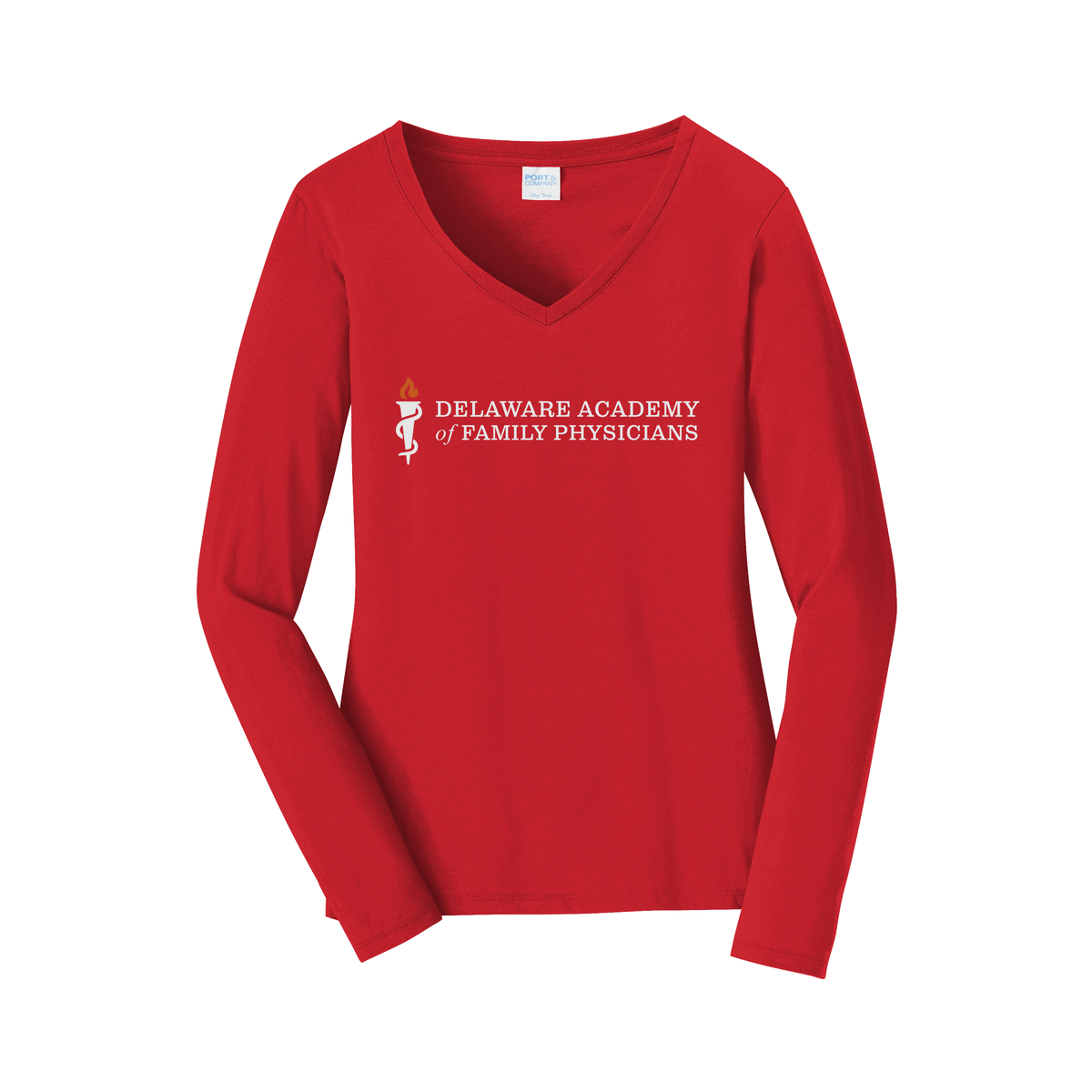 delfamdoc-womens-long-sleeve-v-neck-dtf-front-LPC450VLS-brightred-flat-front