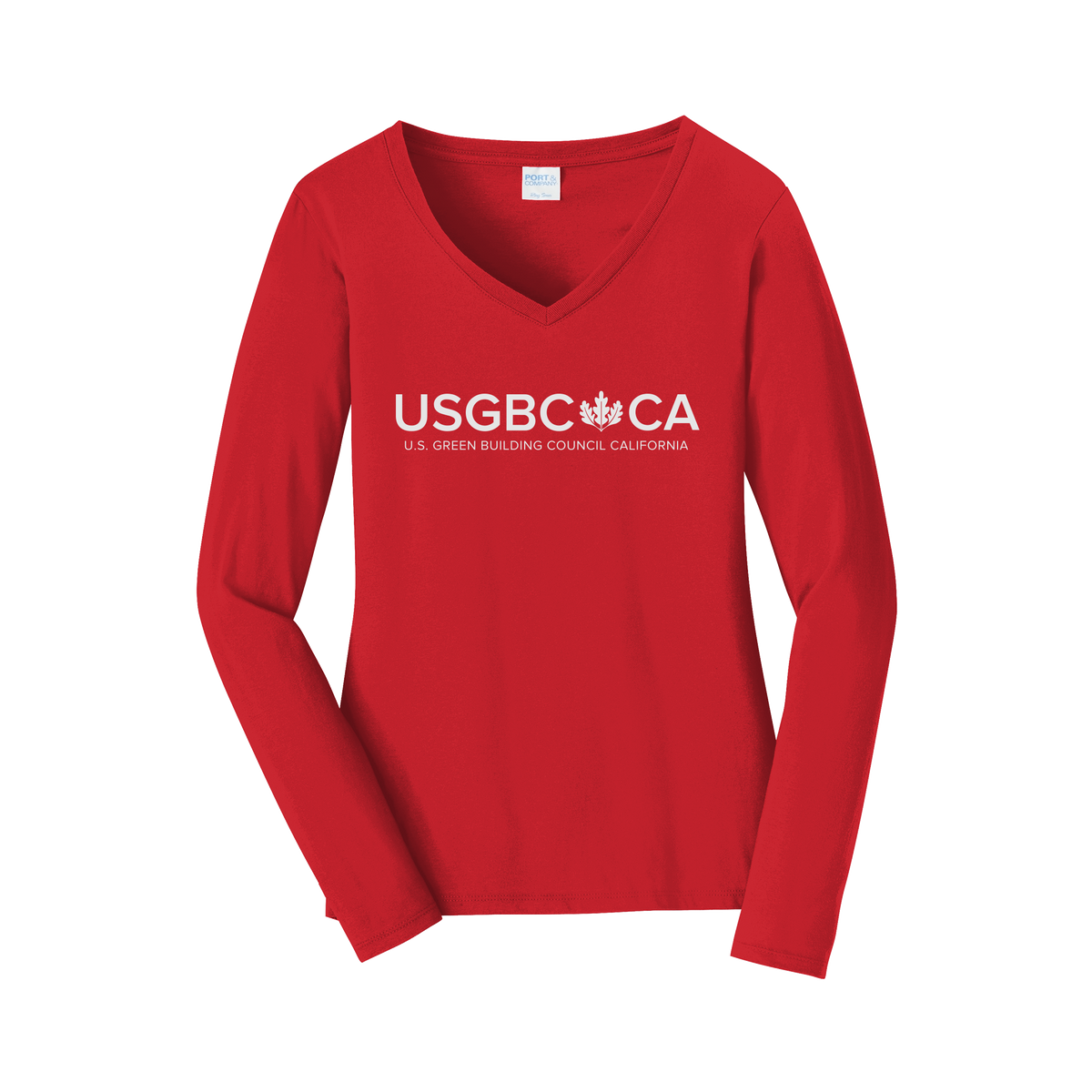 usgbc-ca-womens-long-sleeve-v-neck-dtf-front-LPC450VLS-brightred-flat-front