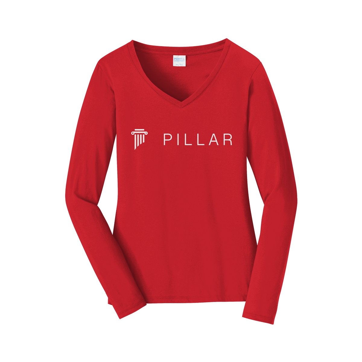 pillar-womens-long-sleeve-v-neck-dtf-front-LPC450VLS-brightred-flat-front