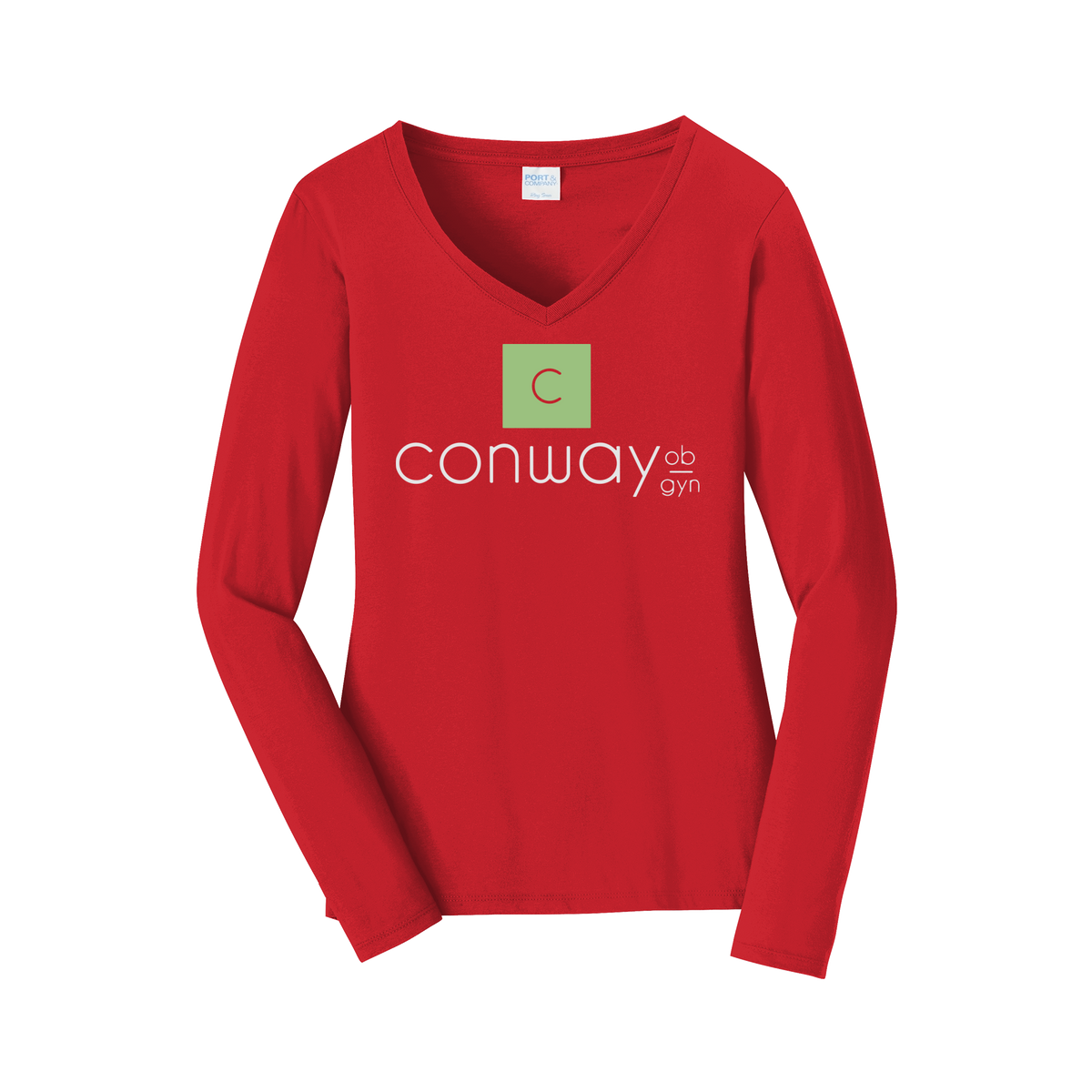 conwayobgyn-womens-long-sleeve-v-neck-dtf-front-LPC450VLS-brightred-flat-front