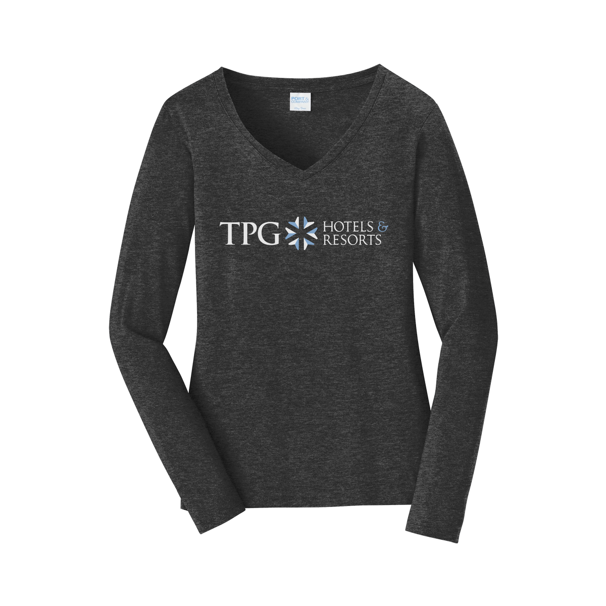 tpghotelsandresorts-womens-long-sleeve-v-neck-dtf-front-LPC450VLS-darkheathergrey-flat-front