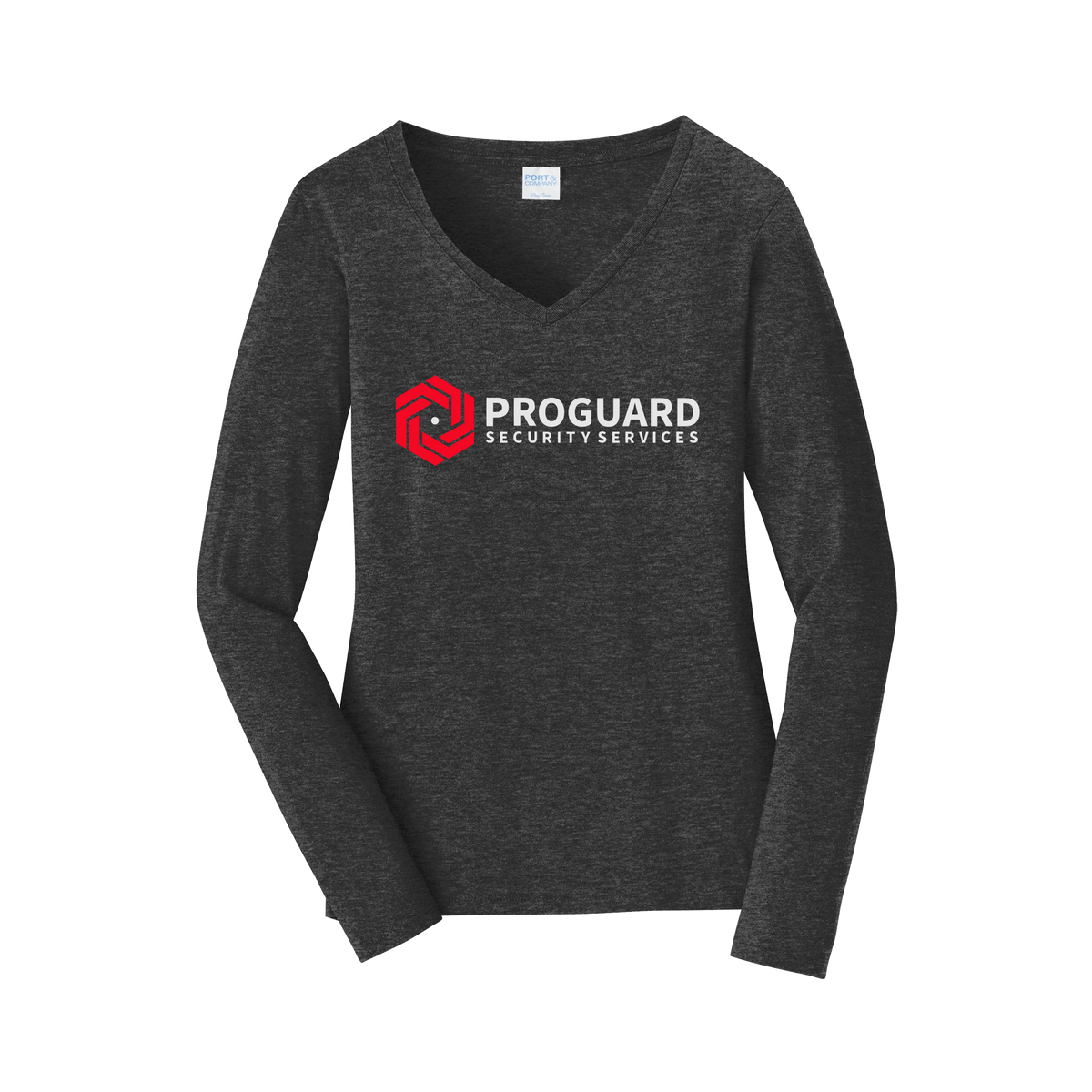 proguardsecurityservices-womens-long-sleeve-v-neck-dtf-front-LPC450VLS-darkheathergrey-flat-front
