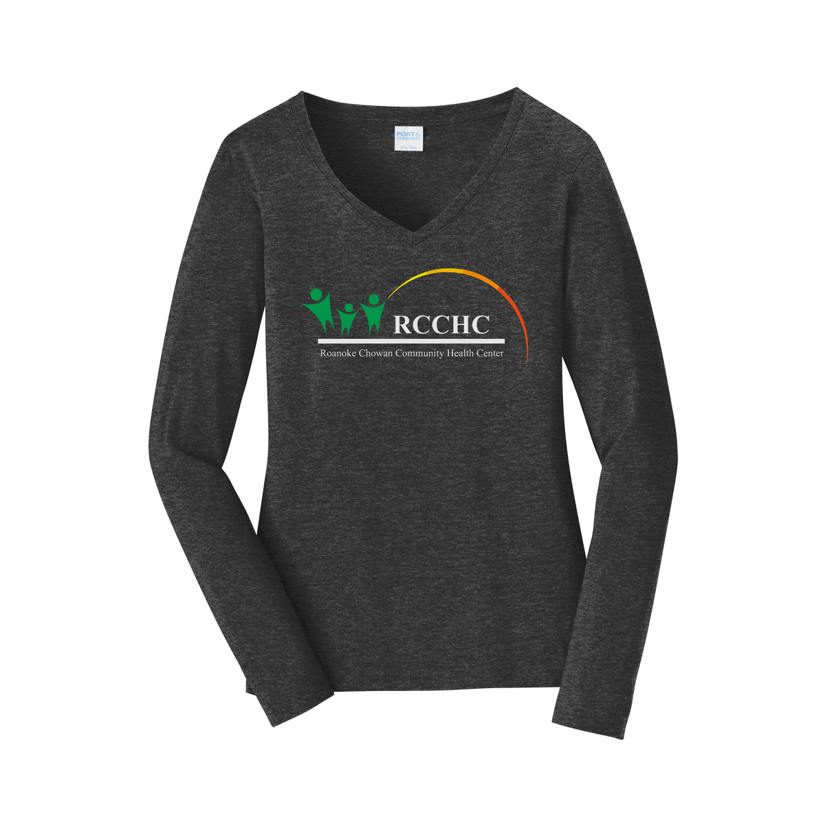 rcchc-womens-long-sleeve-v-neck-dtf-front-LPC450VLS-darkheathergrey-flat-front