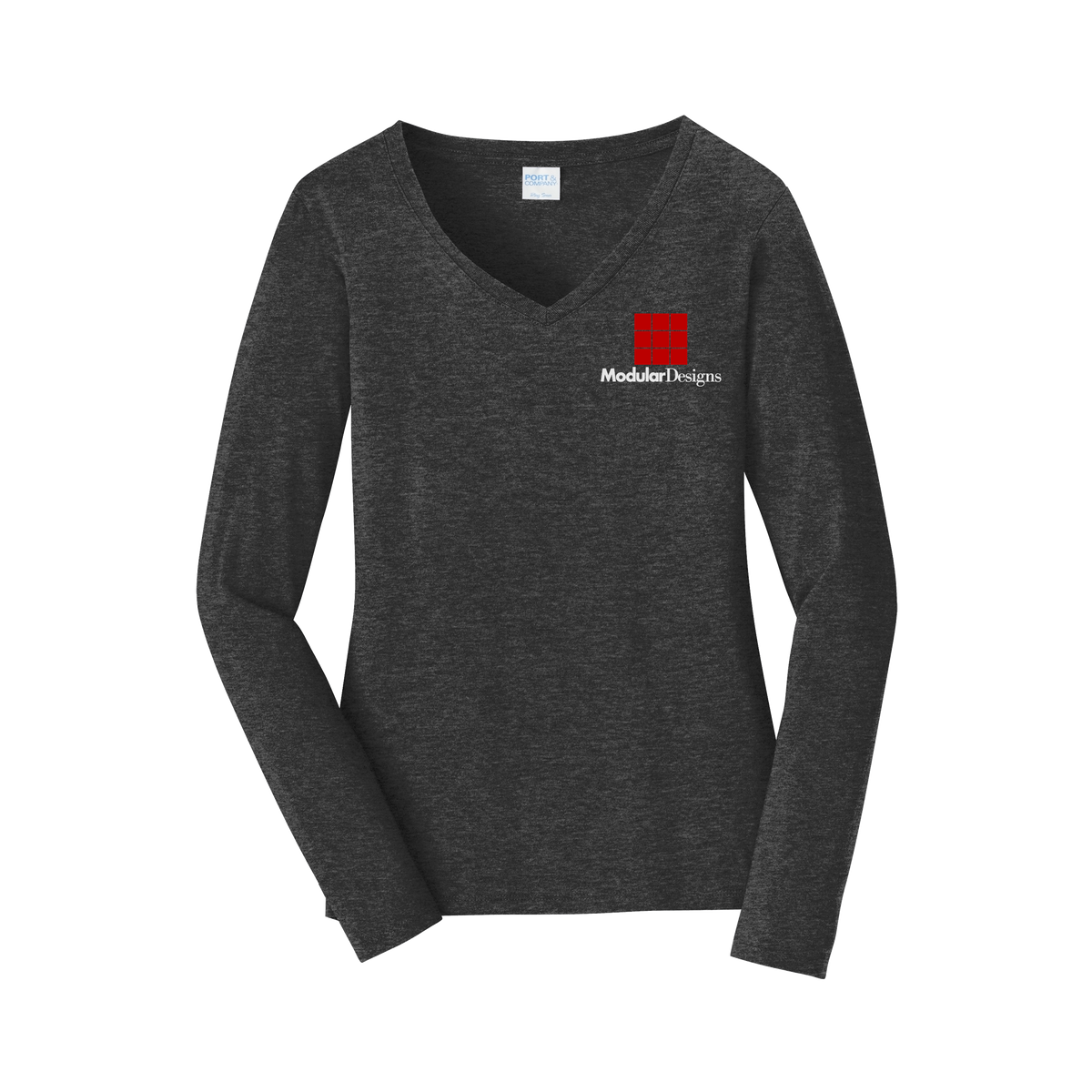 modulardesignsflooring-womens-long-sleeve-v-neck-dtf-leftchest-LPC450VLS-darkheathergrey-flat-front