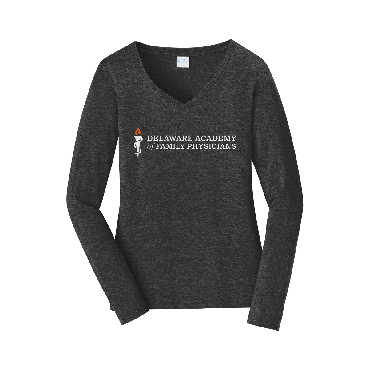 delfamdoc-womens-long-sleeve-v-neck-dtf-front-LPC450VLS-darkheathergrey-flat-front