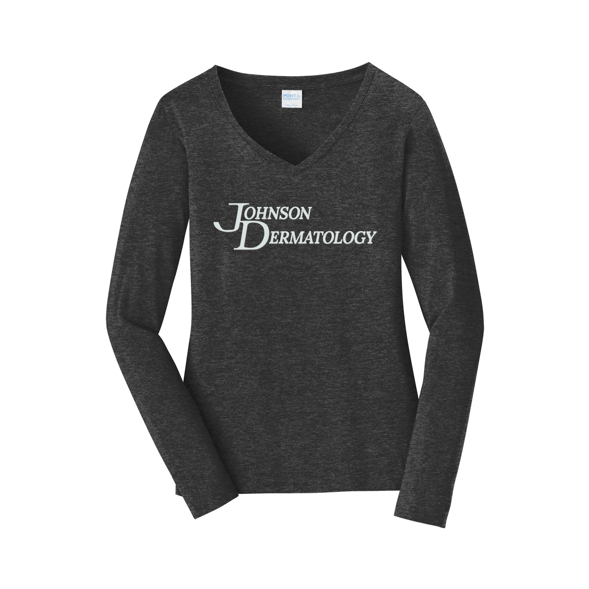 johnsondermatology-womens-long-sleeve-v-neck-dtf-front-LPC450VLS-darkheathergrey-flat-front