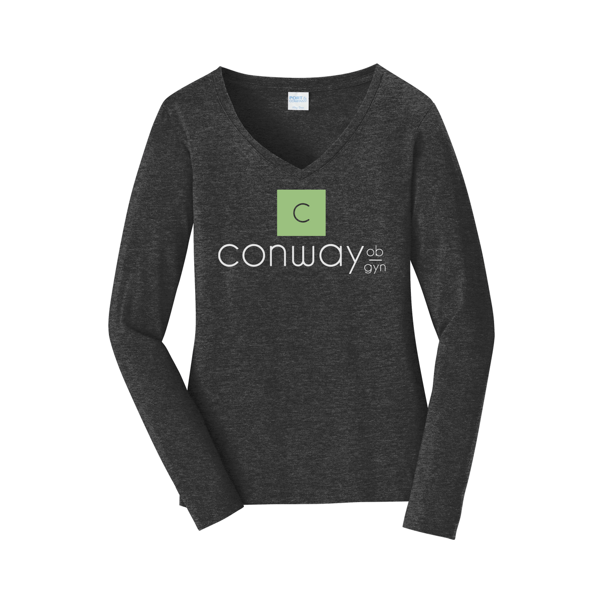 conwayobgyn-womens-long-sleeve-v-neck-dtf-front-LPC450VLS-darkheathergrey-flat-front