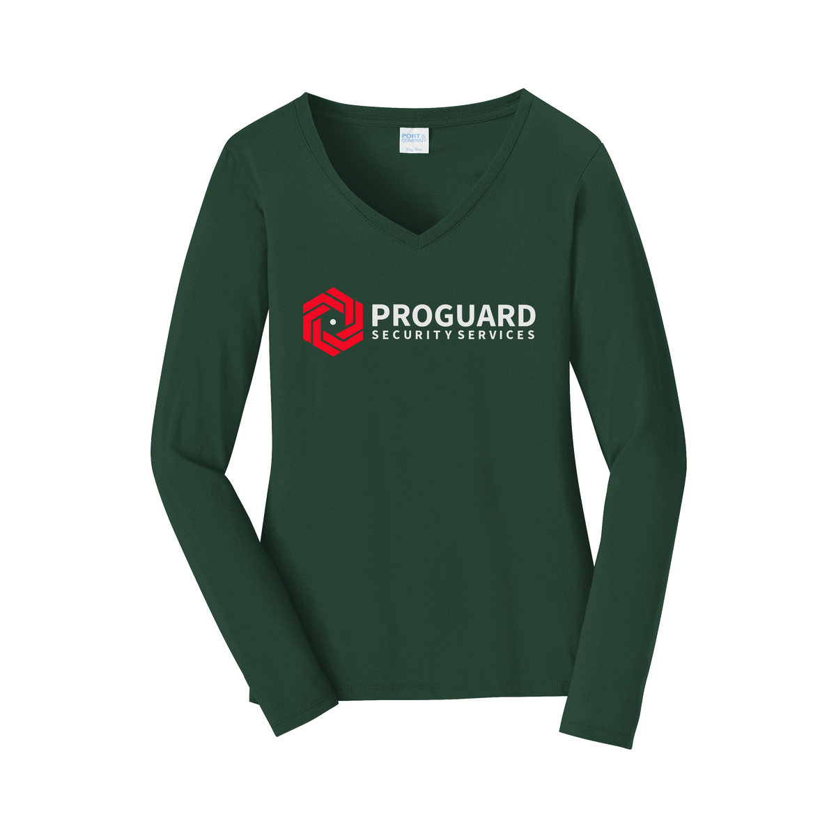 proguardsecurityservices-womens-long-sleeve-v-neck-dtf-front-LPC450VLS-forestgreen-flat-front