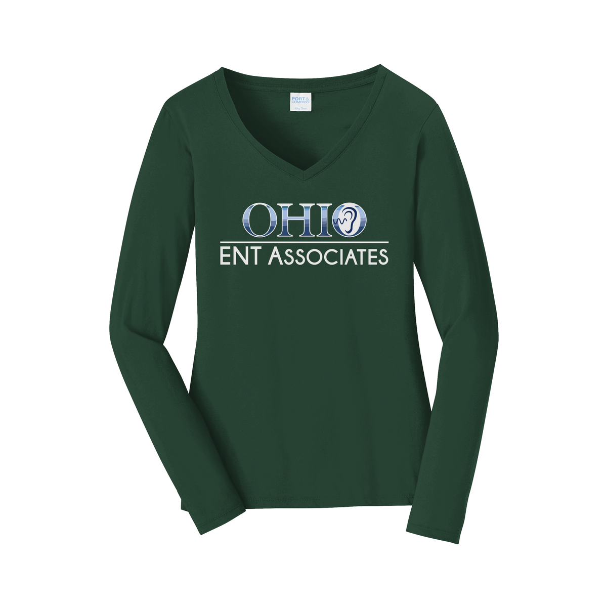 ohioentaudiology-womens-long-sleeve-v-neck-dtf-front-LPC450VLS-forestgreen-flat-front