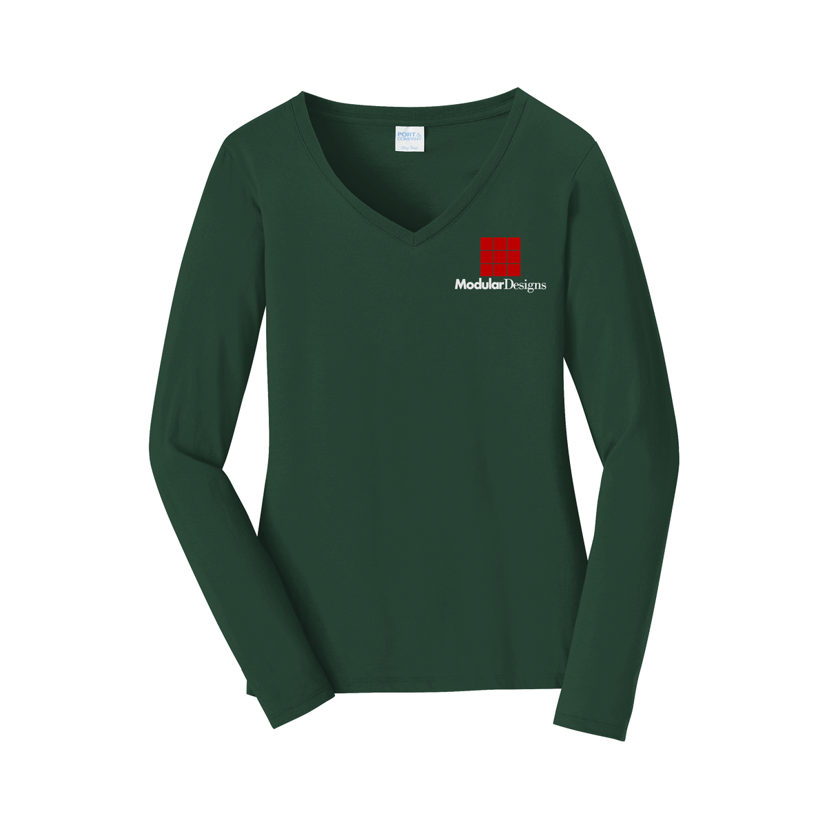 modulardesignsflooring-womens-long-sleeve-v-neck-dtf-leftchest-LPC450VLS-forestgreen-flat-front